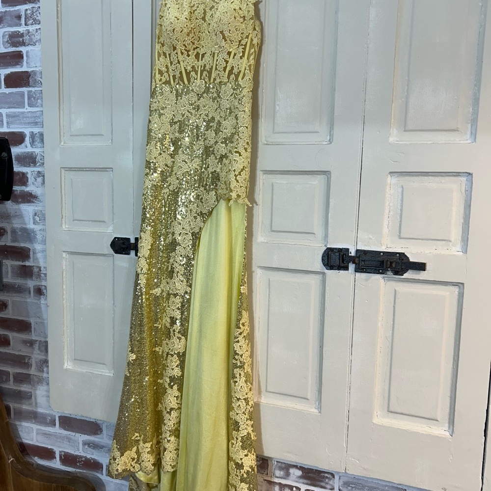 Gold Sequin PROM Lace Evening Gown with Side Slit